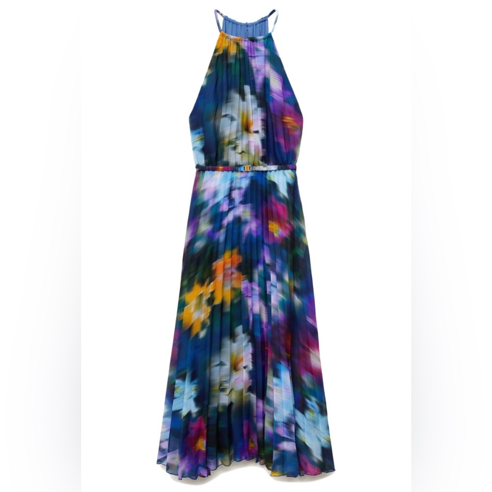 NWT- MANGO- Flower, Midi Halter,  Pleated Dress